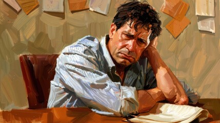 Fototapeta premium Pensive Man with a Notebook in a Creative Workspace Setting