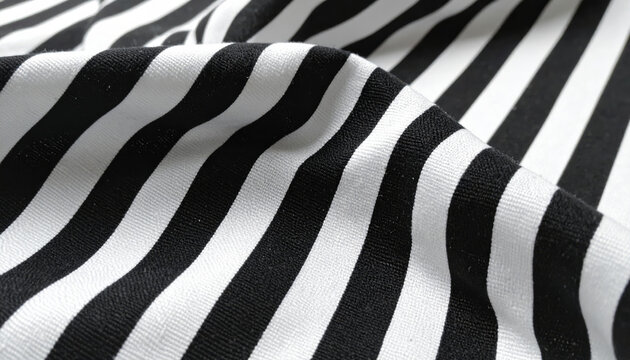Black and white striped fabric showcases smooth texture with alternating bold lines, creating striking visual contrast. This design evokes sense of modernity and style