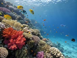 Colorful Coral Reef Underwater with Various Fish Swimming Freely