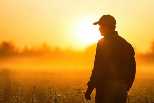 Silhouette Man Farmer Golden Sunrise Rural Field sky fog calm hope light scene sunset nature summer 