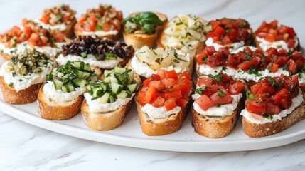 Assorted bruschetta with fresh toppings on marbled white backdrop