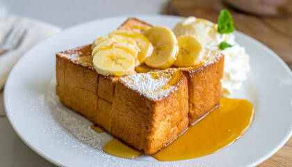 Delicious honey toast topped with banana slices and whipped cream, served on white plate. This sweet treat is perfect for dessert or breakfast, offering delightful combination of flavors