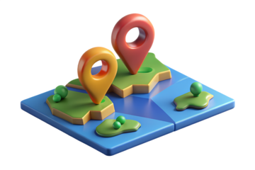 3D map illustration, colorful location pins, isometric view, stylized landscape, miniature terrain, blue water, green land, cartoonish design, simple shapes, digital art, vibrant colors, navigation co