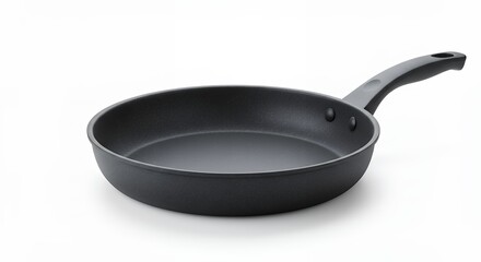 Isolated black frying pan with handle against white background