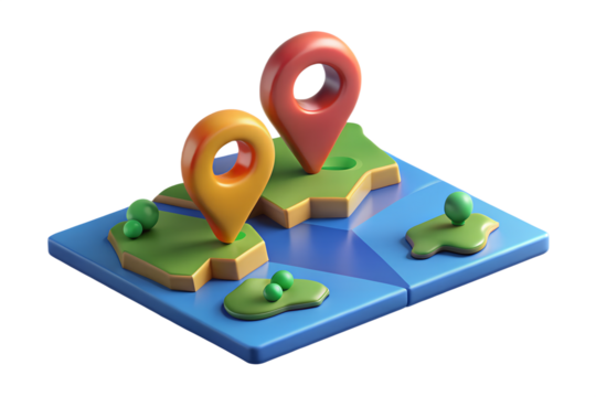 3D map illustration, colorful location pins, isometric view, stylized landscape, miniature terrain, blue water, green land, cartoonish design, simple shapes, digital art, vibrant colors, navigation co