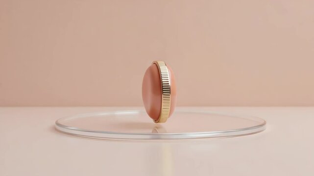 A round peach-colored gemstone set in a gold bezel is displayed on a clear circular platform with a beige background.