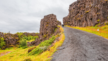 Thingvellir National Park, Iceland, Famous geological and historical site with tourists, summer, South West Iceland, scenic dramatic view