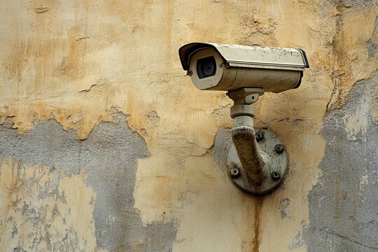 A security camera is mounted on the weathered, peeling wall of an old building. It can be used to illustrate surveillance, safety, or urban decay concepts.