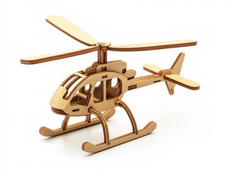 Detailed Wooden Helicopter Toy Model on White Background