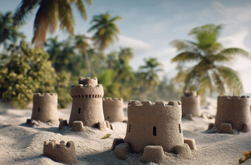 Sandcastles standing on tropical beach under palm trees