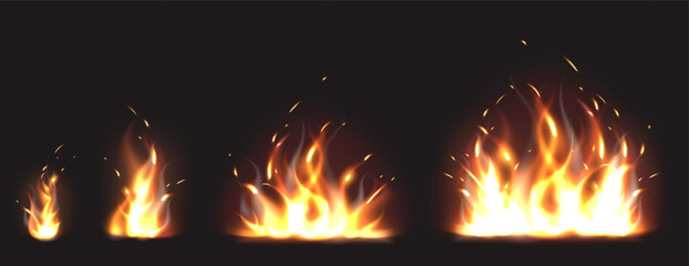 Stages animating realistic flame with sparks on dark background. Blazing fire. Isolated campfire or fireball. Combusting animation steps. Hot hell elements set. Vector 3D ignition effect