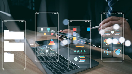 UX UI, Mobile app user interface designs, digital software, mobile app development concept. Planning application process develop prototype wireframe for mobile phone. User experience, computer code.