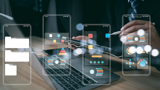 UX UI, Mobile app user interface designs, digital software, mobile app development concept. Planning application process develop prototype wireframe for mobile phone. User experience, computer code.