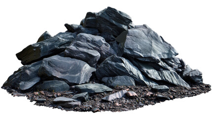 Piled Dark Black Rocks and Stones with Unique Textures and Edges on a Transparent Background