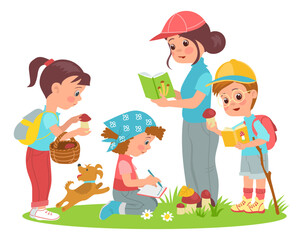 Kids learn nature. Young naturalists discover world with teachers. Practical activities. Mentors and students. People collect mushrooms in forest. Scouts education. Splendid vector set