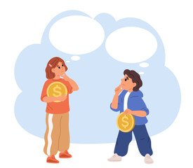 Girl and boy hold coins in hand and think about investments. Financial literacy. Thoughtful little persons. Pensive children investing money. Young people dream of buying. Vector concept