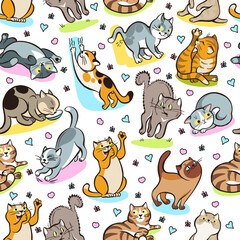 Fototapeta premium Funny cats seamless pattern. Pets playing and relaxing. Repeated print. Domestic animal. Kitten scratching and stretching. Fluffy kitty poses. Pussycat meow. Vector cartoon background