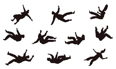 Black silhouettes men and women falling. People flying poses. Hovering and floating persons in air. Sky weightlessness. Free down moving. Gravity soaring. Vector motion positions set