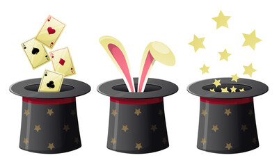 Black magic hat. Magician tricks. Cylinder cap with poker ace cards and bunny ears. Circus performance. Illusionist show accessory. Witchcraft spell sparkle. Vector conjuror tools set © VectorBum