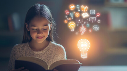 A professional close-up of enthusiastic student basking in warm light: absorbed in a new textbook, excited about knowledge from recent research findings.