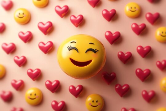 cute smiley face emoji surrounded by admirer emojis with hearts, vector style