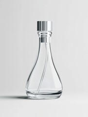 Empty Teardrop Shaped Clear Glass Perfume Bottle with Silver Cap on White Background