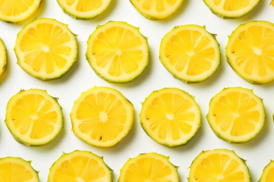 A few pineapple slices laid out in a diagonal pattern, showcasing the sharp edges and circular shape, with the natural bright yellow