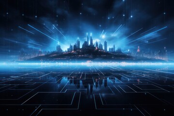 A futuristic digital landscape with glowing blue technology elements overlaid against a dark night background