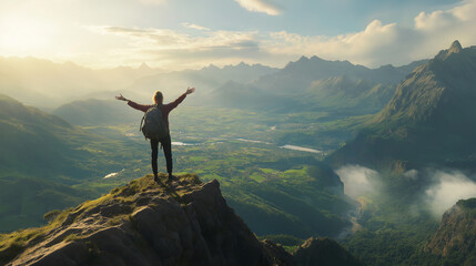 Obraz premium A media-ready photo with balanced aesthetics adventuring duo discovers towering mountains in a secluded highland haven, amid wadi desert's embrace, under dramatic sky spectacles.