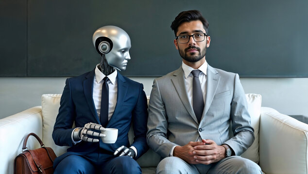 ndian man and humanoid AI robot sitting in modern office lobby waiting for job interview symbolizing future workplace technology and human collaboration