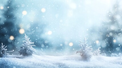 Snowy winter landscape, frosted trees, bokeh background; holiday greeting card