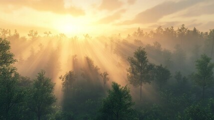 tranquil sunrise over a misty forest with rays of light piercing through the trees and dew glistening on leaves, Generative AI