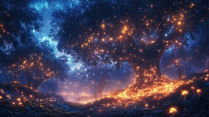 A bioluminescent forest at twilight, with glowing mushrooms and fireflies dancing around ancient trees.