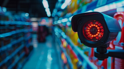 Close-Up of a Security Camera with Blinking Red LED Light, Focused on Blurred Retail Store Aisle Background, Surveillance Technology, CCTV Monitoring, Store Safety Concept