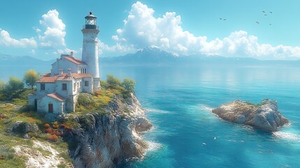 A charming, old lighthouse perched on a cliff overlooking a vast, endless ocean under a clear sky.
