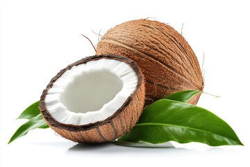 Fresh brown coconut halved with green leaves tropical fruit food drink white sweet juice plant image