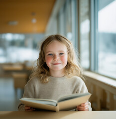 Cute girl reading a book and smiling in a classroom