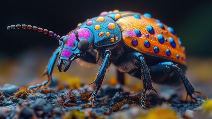 Naklejka premium A close-up of a beetle with its intricate exoskeleton and iridescent colors crawling on a forest floor.