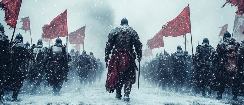 dramatic snowy battlefield where warriors clad in glowing armor clash under a stormy gray sky, Generative AI