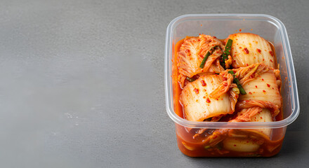 Kimchi cabbage in a bowl plastic for eating on wooden background, top view, Korean food