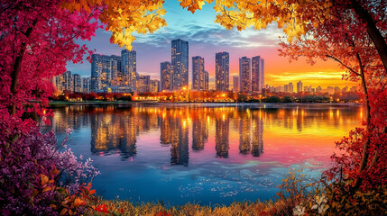 Vibrant autumnal city reflected in a serene lake. Colorful trees frame the scene, showcasing a cityscape at sunset.  Tranquil water mirrors the buildings