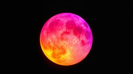 Vibrant moon glowing in pink and orange hues against black sky  
