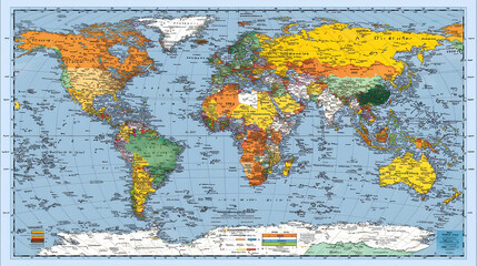 World map with diverse geographical regions.  Detailed representation of continents, countries, and bodies of water.  Color-coded zones highlight varying geographical characteristics