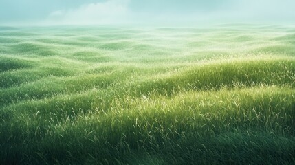 Fototapeta premium Tranquil lush green rolling grass fields under soft misty sky with gentle sunlight creating peaceful natural landscape scene for outdoor serenity and nature relaxation