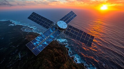 Satellite orbiting Earth at sunset over ocean.