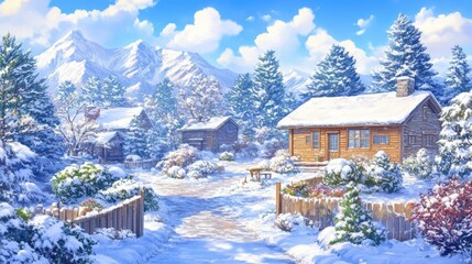 Cozy winter cabin nestled in snow covered landscape picturesque mountain backdrop evokes peaceful holiday escape serene scene