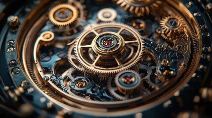 Fototapeta premium A close-up of a intricate clockwork mechanism with gears, springs, and levers all working in perfect harmony.