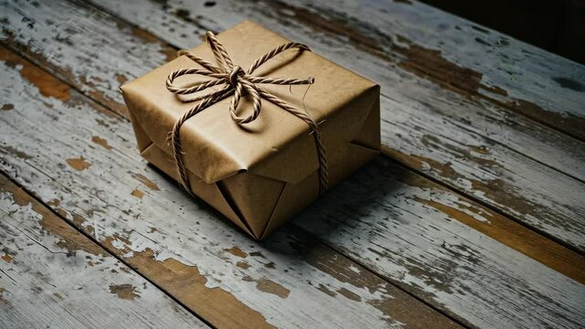 Brown box with a bow on top of a wooden table. The box is wrapped in brown paper and has a string tied around it. Concept of anticipation and excitement