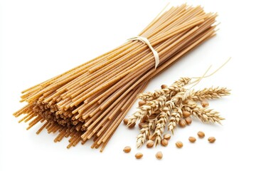 Whole wheat spaghetti pasta bundle with wheat grains and seeds dry food diet brown white recipe