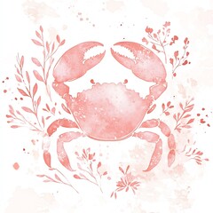 Delicate Watercolor Crab Silhouette, Soft Pink Hues, Botanical Accents, Peaceful Coastal Vibe